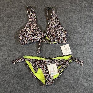 Cyn & Luca Swimsuit Womens 2-Piece‎ Bikini Top XL Bottom M Neon Flower